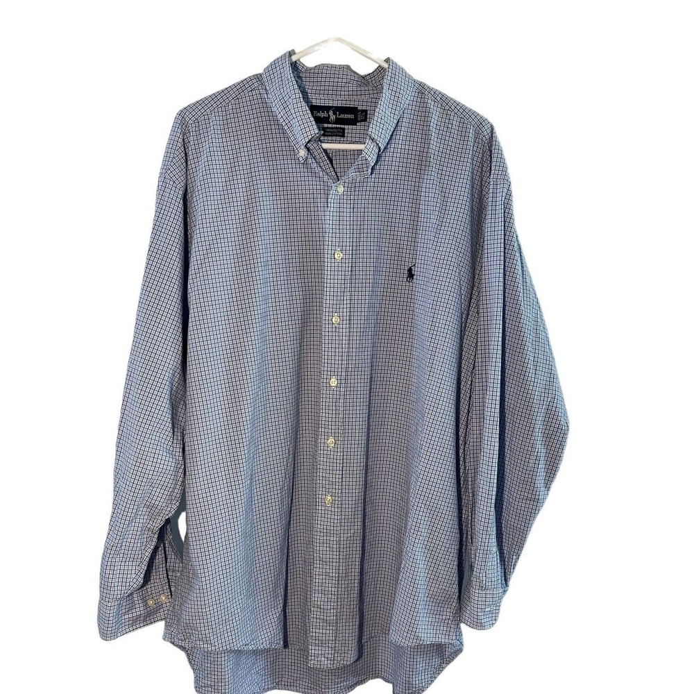 Ralph Lauren Shirt Mens 17 1/2 Blue Plaid Yarmouth Button Down Long Sleeve 34/35